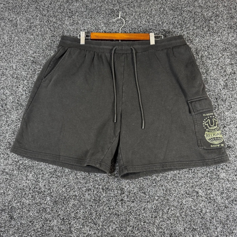 True Religion Mens Black Fleece Cargo Shorts Graphic Globe Logo XXL 2XL